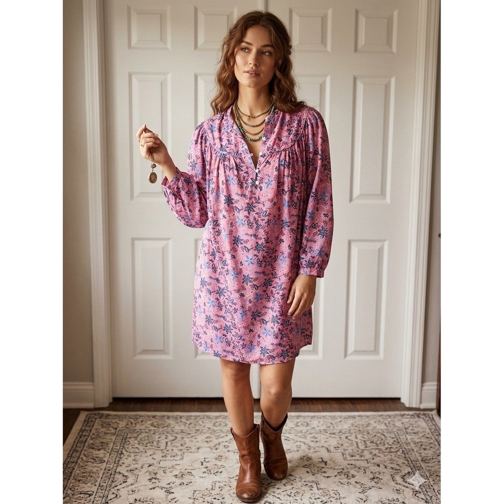 Xirena Bellamy Sweet Vines Pink Blue Tunic Cotton Silk Voile Dress Nwt M